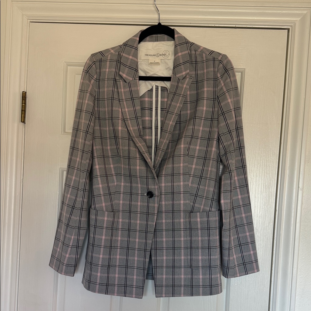 Treasure & Bond Plaid Blazer - Pink And Gray